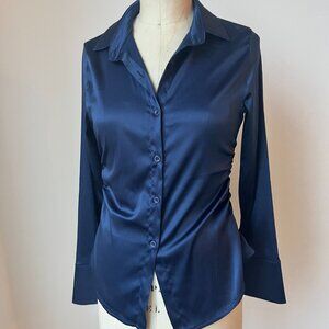 Navy Charmeuse Button-Down Shirt | Side Ruching | Size S | Satin Feel